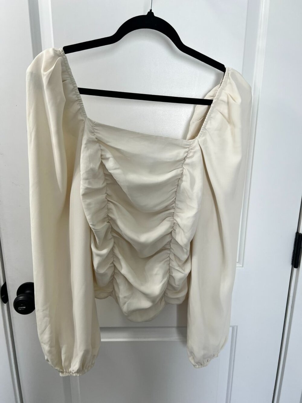 Express Cream Square Neck Ruched Blouse Medium Puff Sleeve